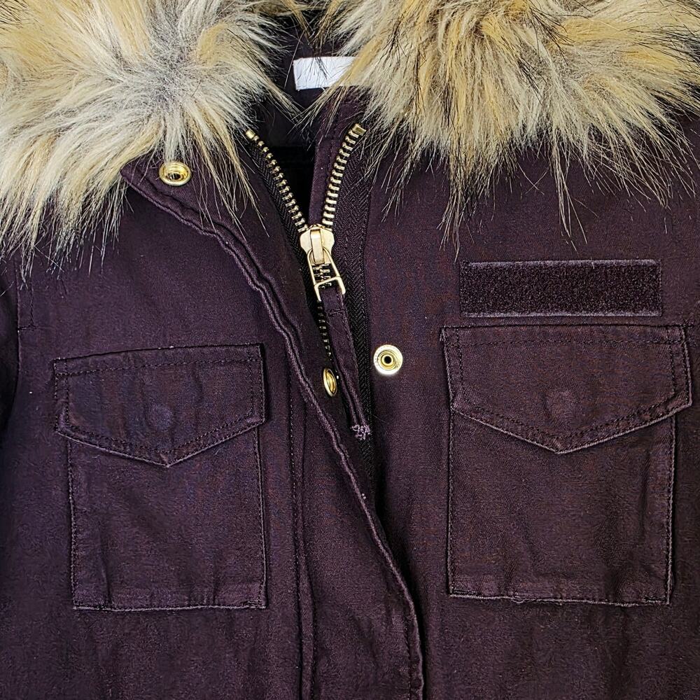 H&M Utility Coat Jacket Size 0 Burgundy Removeable Faux Fur Trim Anorak Military - Picture 5 of 12